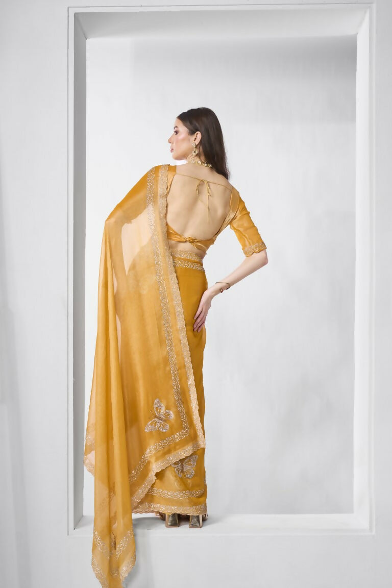 Yellow Burburry silk Swarovski Designer Work Saree - Shezlin | Grocsy