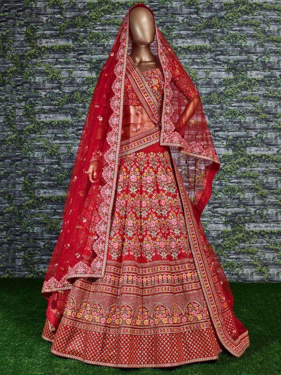 Tulsi Art Red Embroidered Art Silk Bridal Lehenga Choli | Grocsy
