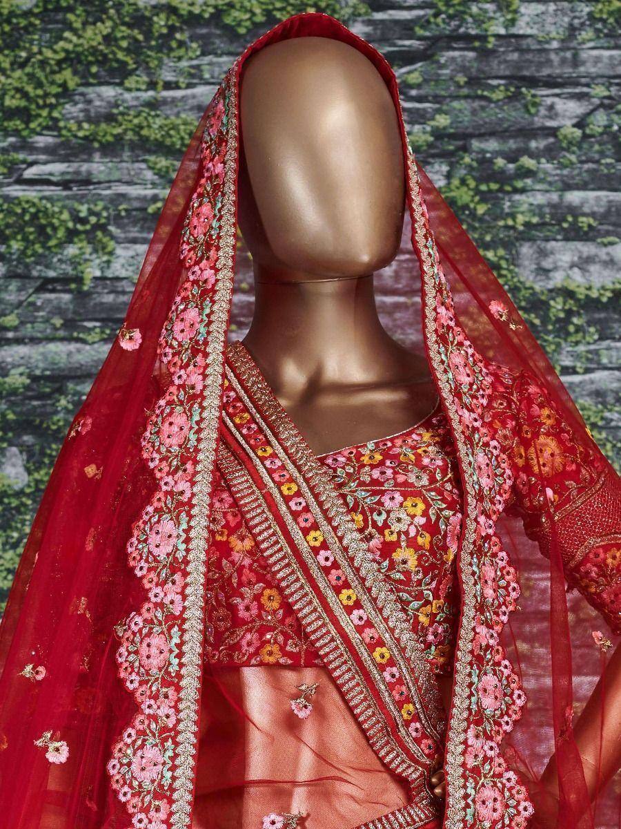 Tulsi Art Red Embroidered Art Silk Bridal Lehenga Choli | Grocsy