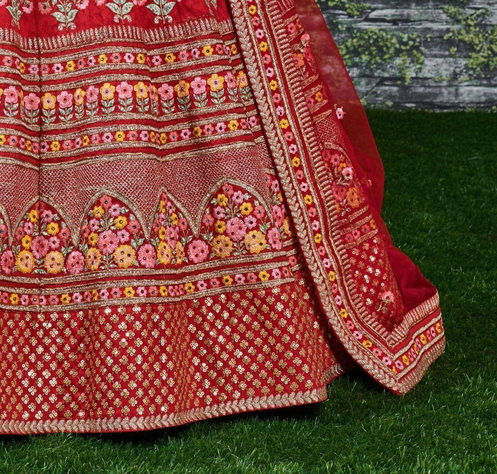 Tulsi Art Red Embroidered Art Silk Bridal Lehenga Choli | Grocsy