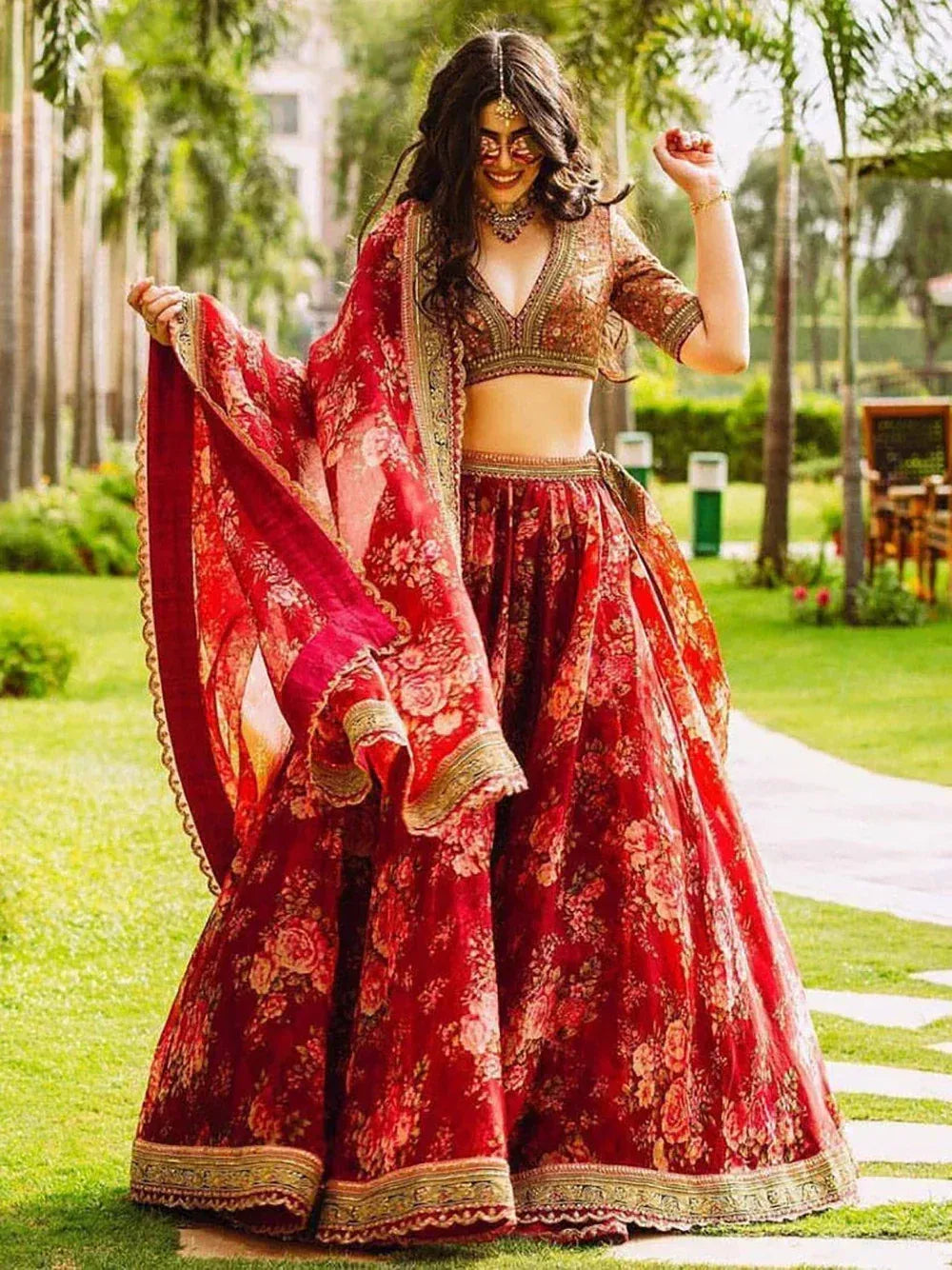 Tulsi Art Maroon Floral Printed Organza Bridal Lehenga Choli | Grocsy