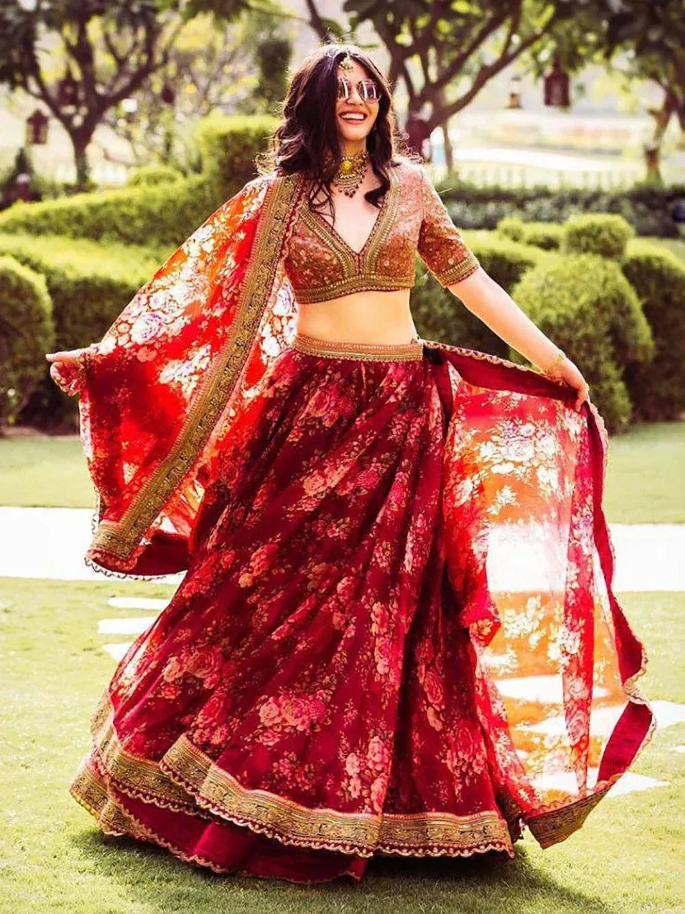 Tulsi Art Maroon Floral Printed Organza Bridal Lehenga Choli | Grocsy