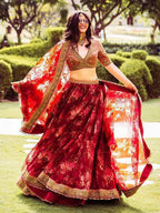 Tulsi Art Maroon Floral Printed Organza Bridal Lehenga Choli | Grocsy