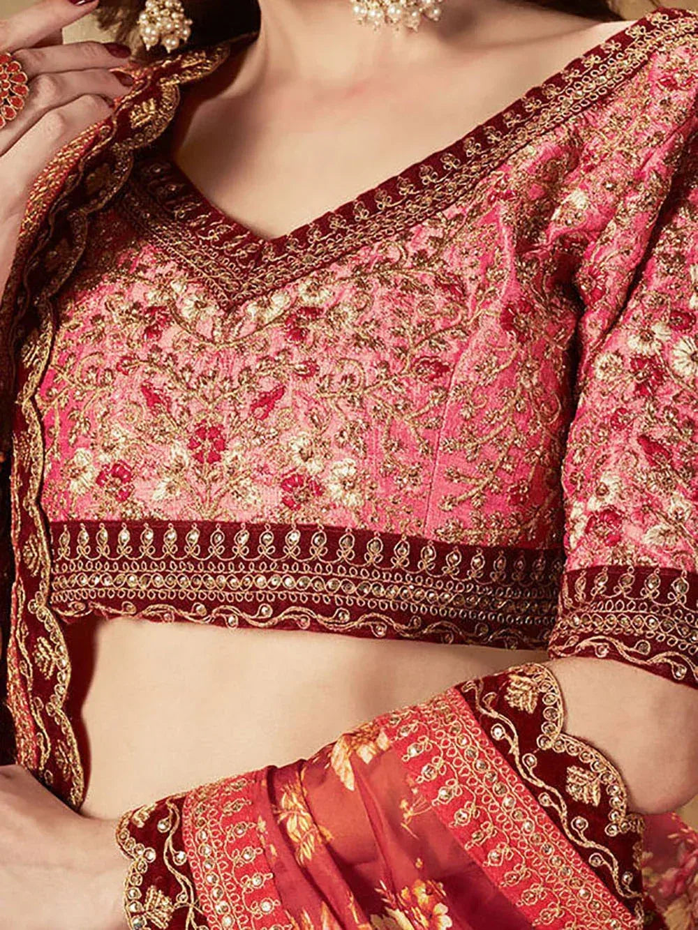 Tulsi Art Maroon Floral Printed Organza Bridal Lehenga Choli | Grocsy