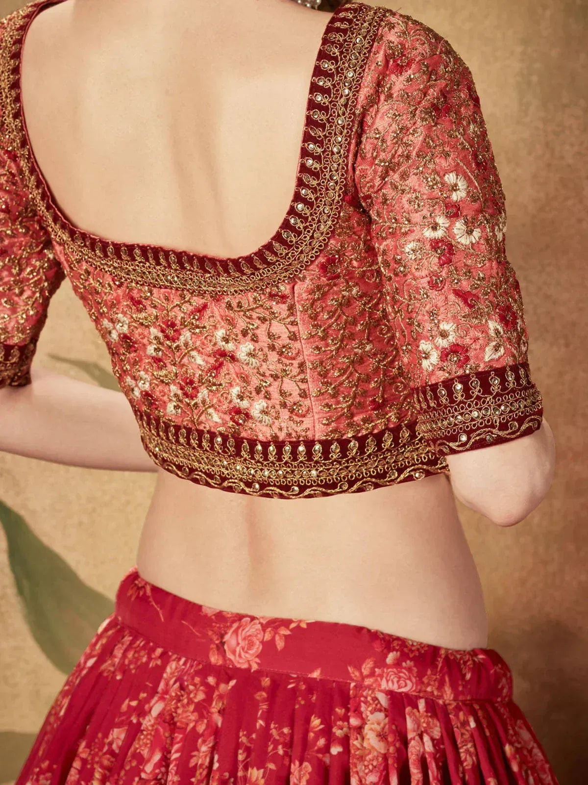 Tulsi Art Maroon Floral Printed Organza Bridal Lehenga Choli | Grocsy