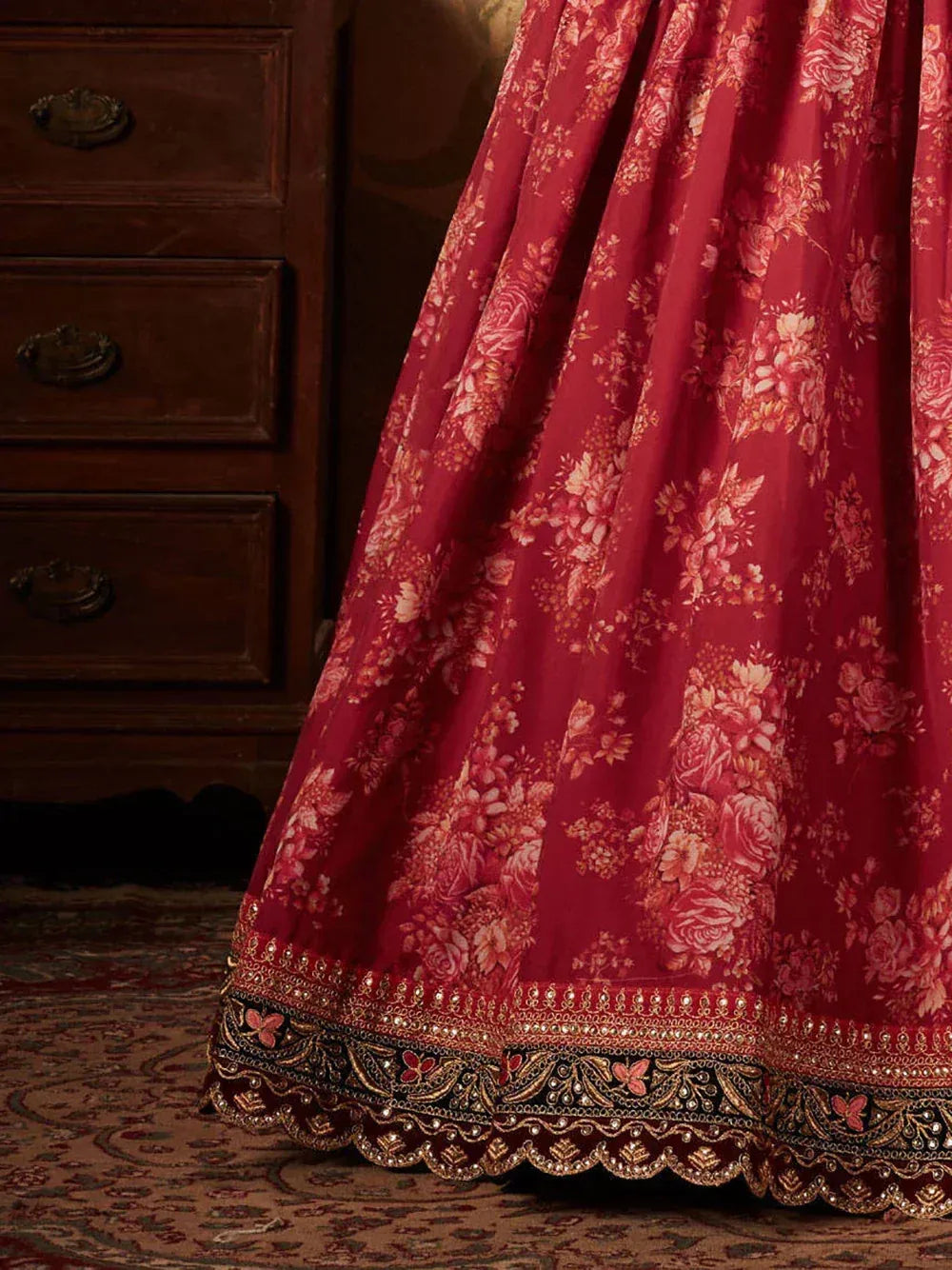 Tulsi Art Maroon Floral Printed Organza Bridal Lehenga Choli | Grocsy