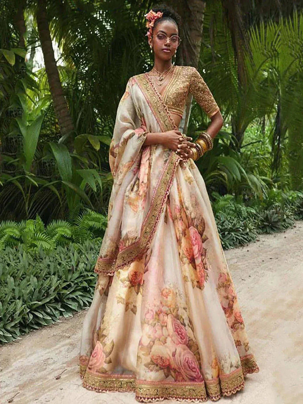 Tulsi Art Off White Floral Printed Organza Bridal Lehenga Choli | Grocsy