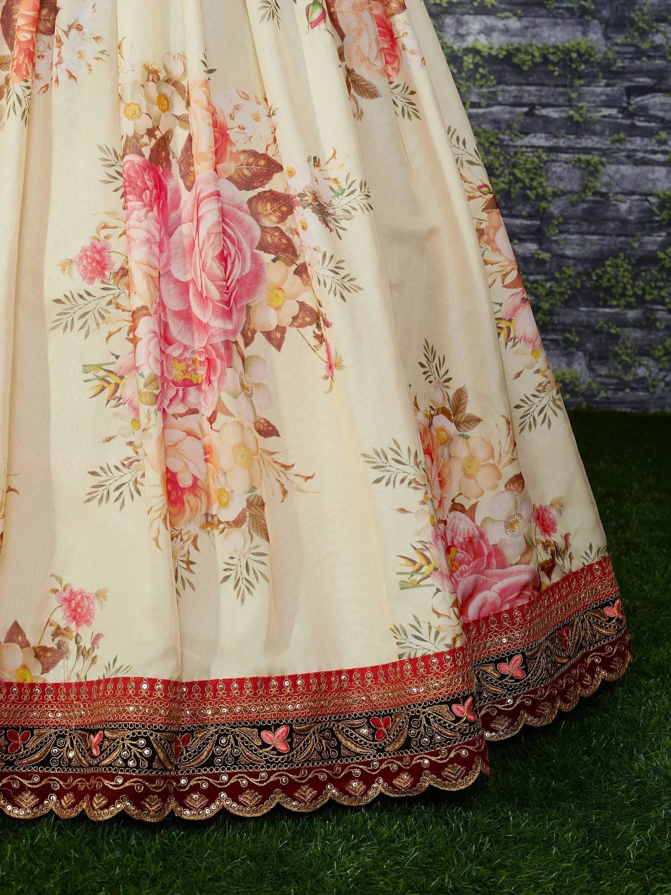 Tulsi Art Off White Floral Printed Organza Bridal Lehenga Choli | Grocsy