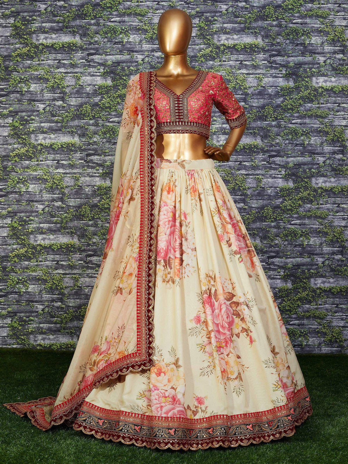 Tulsi Art Off White Floral Printed Organza Bridal Lehenga Choli | Grocsy