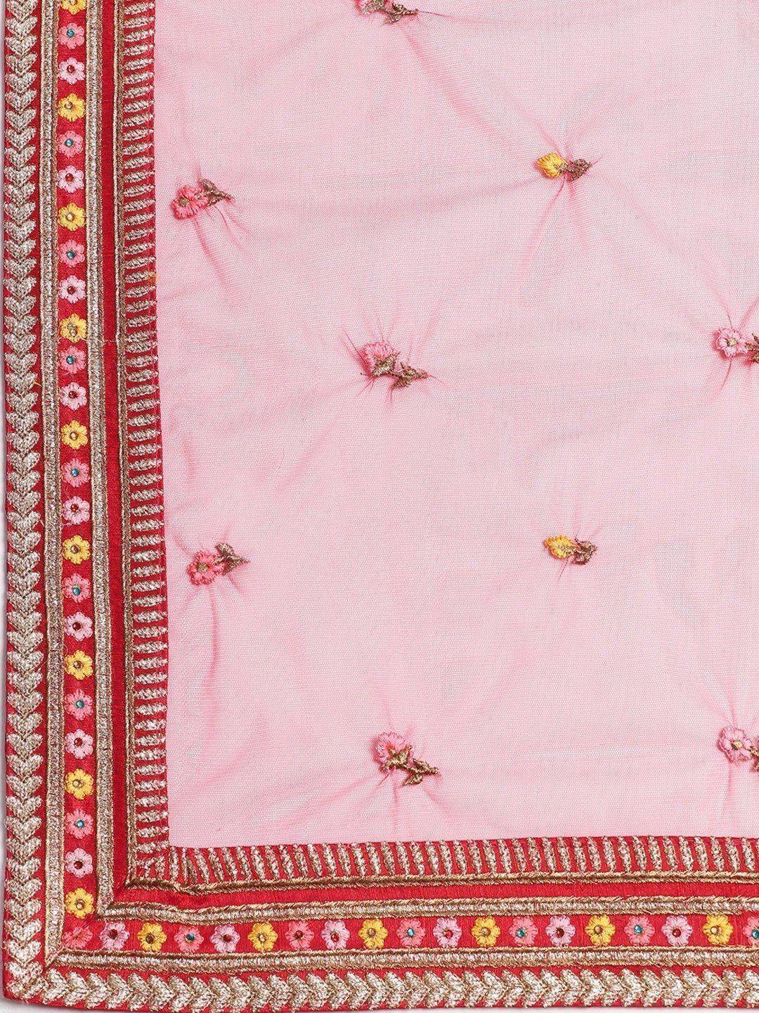 Tulsi Art Red & Pink Embroidered Semi-Stitched Myntra Lehenga & Unstitched Blouse With Dupatta | Grocsy