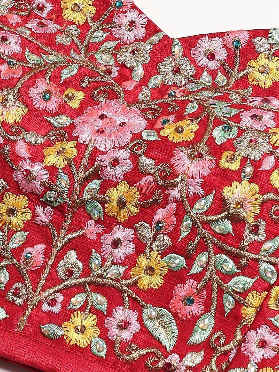Tulsi Art Red & Pink Embroidered Semi-Stitched Myntra Lehenga & Unstitched Blouse With Dupatta | Grocsy