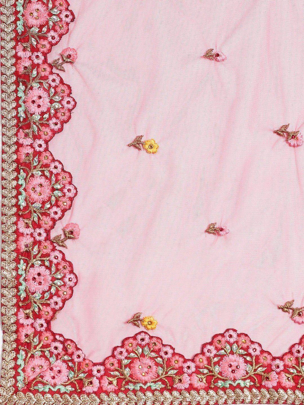 Tulsi Art Red & Pink Embroidered Semi-Stitched Myntra Lehenga & Unstitched Blouse With Dupatta | Grocsy