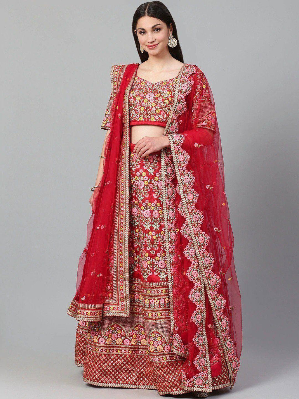 Tulsi Art Red & Pink Embroidered Semi-Stitched Myntra Lehenga & Unstitched Blouse With Dupatta | Grocsy