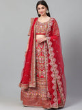 Tulsi Art Red & Pink Embroidered Semi-Stitched Myntra Lehenga & Unstitched Blouse With Dupatta | Grocsy