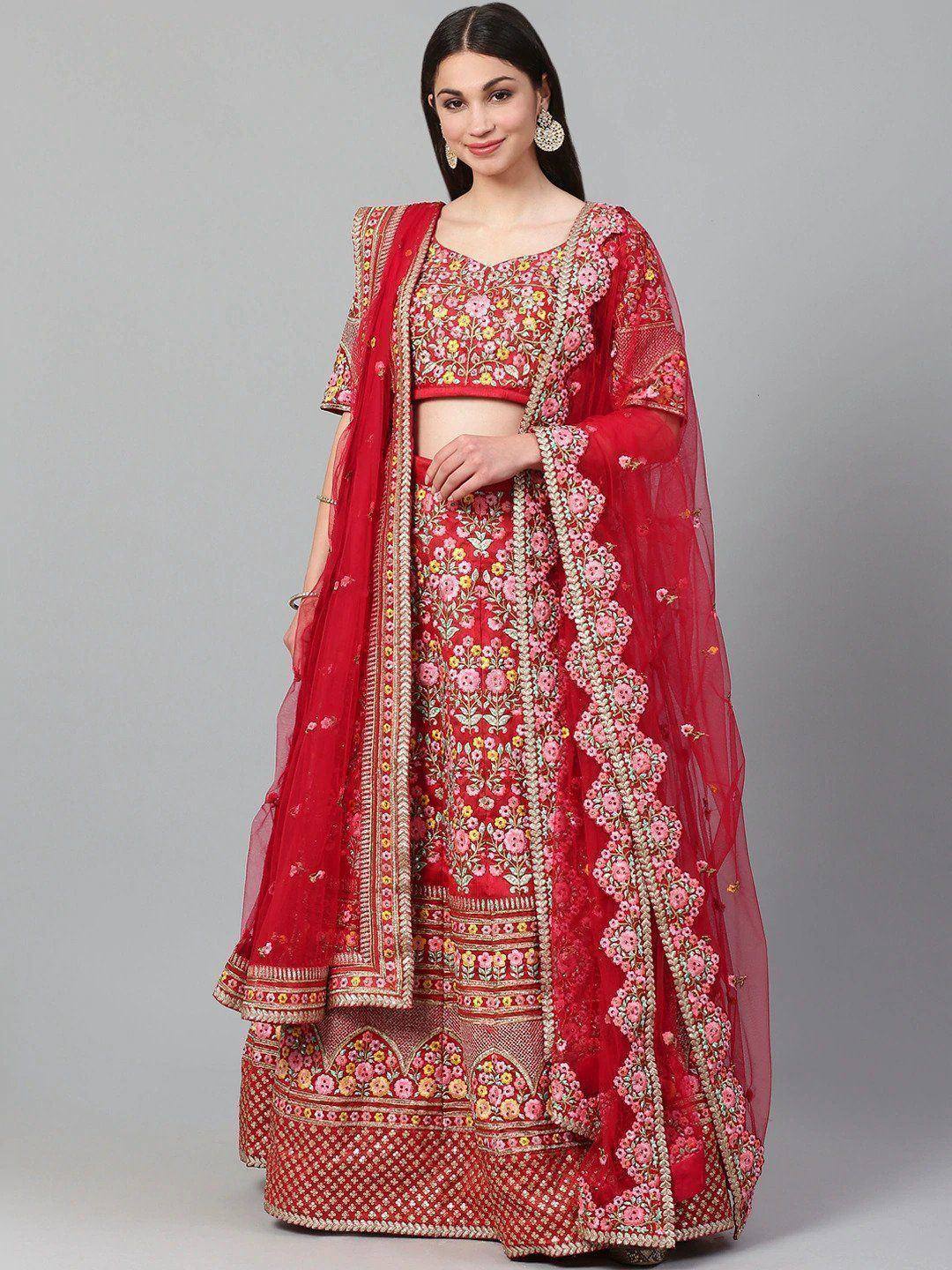 Tulsi Art Red & Pink Embroidered Semi-Stitched Myntra Lehenga & Unstitched Blouse With Dupatta | Grocsy