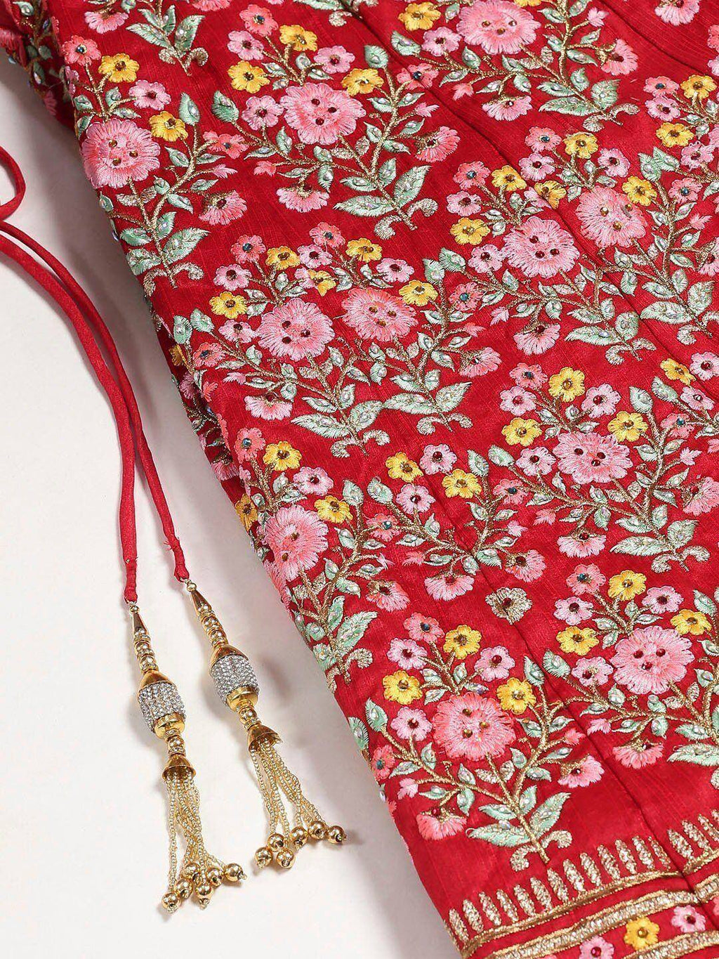Tulsi Art Red & Pink Embroidered Semi-Stitched Myntra Lehenga & Unstitched Blouse With Dupatta | Grocsy