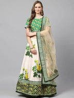 Tulsi Art Cream-Coloured & Beige Embroidered Semi-Stitched Myntra Lehenga & Unstitched Blouse With Dupatta | Grocsy