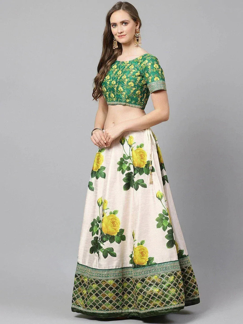 Tulsi Art Cream-Coloured & Beige Embroidered Semi-Stitched Myntra Lehenga & Unstitched Blouse With Dupatta | Grocsy