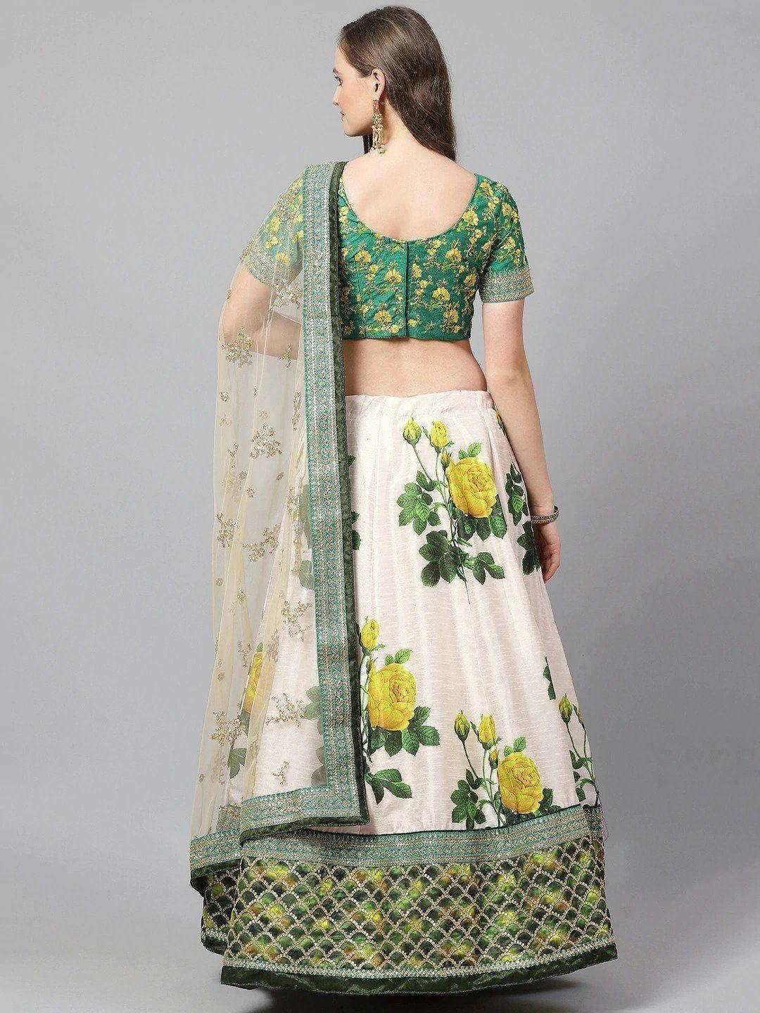 Tulsi Art Cream-Coloured & Beige Embroidered Semi-Stitched Myntra Lehenga & Unstitched Blouse With Dupatta | Grocsy