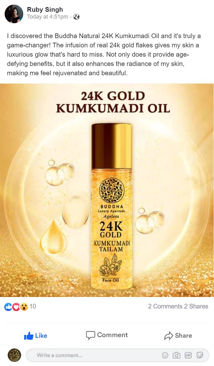 Buddha Natural 24k Gold Kumkumadi Oil | Grocsy