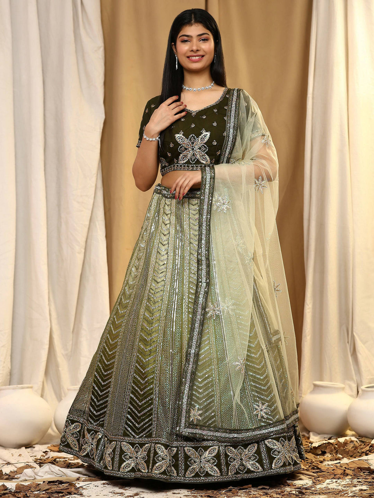 Green Fancy Net Sequence Embroidered Lehenga Choli with Dupatta - Dhara | Grocsy