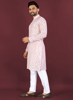 Prazu Fashion Baby Pink Soft Silk Unique Cross Pattern White Thread Embroidery With Silver Sequence Kurta | Grocsy