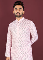 Prazu Fashion Baby Pink Soft Silk Unique Cross Pattern White Thread Embroidery With Silver Sequence Kurta | Grocsy