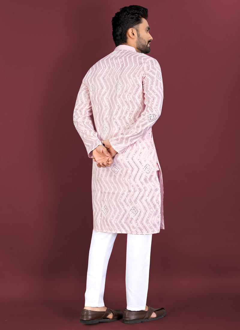 Prazu Fashion Baby Pink Soft Silk Unique Cross Pattern White Thread Embroidery With Silver Sequence Kurta | Grocsy