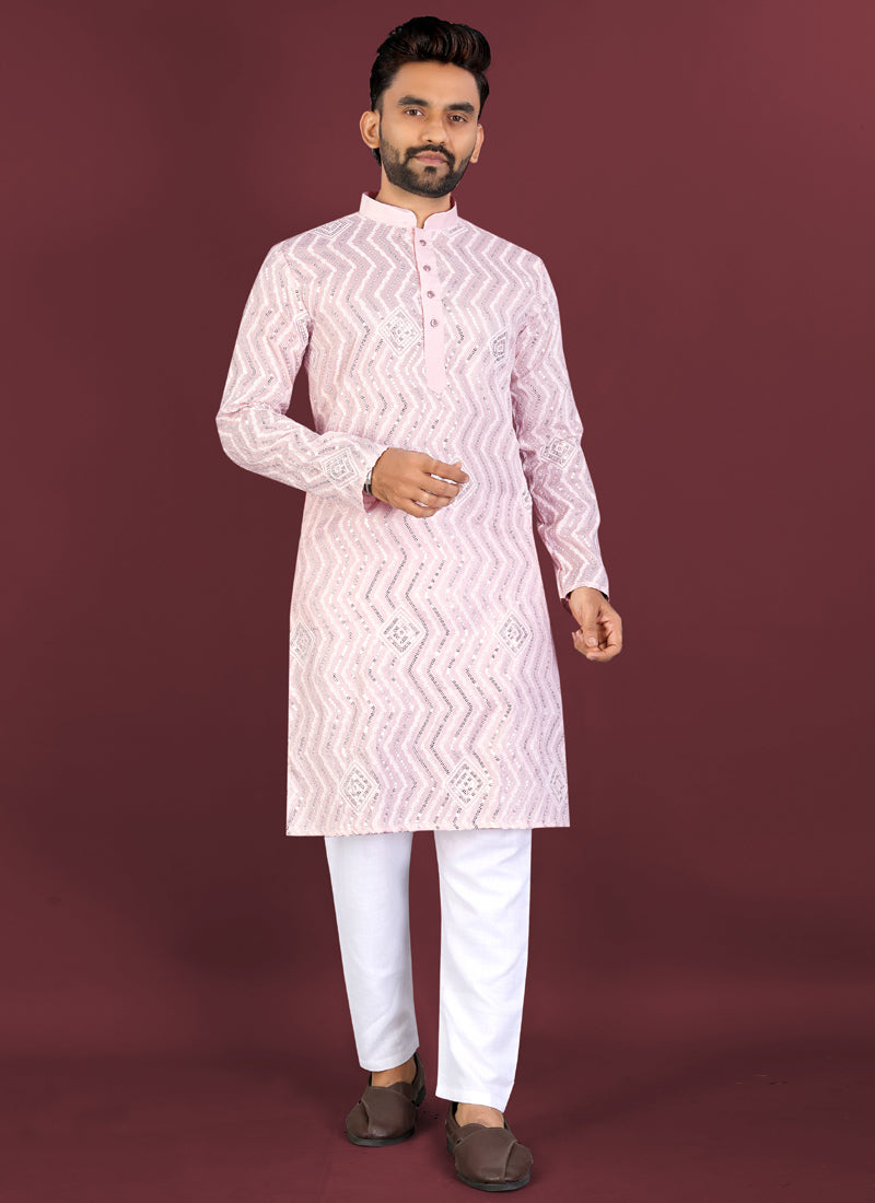 Prazu Fashion Baby Pink Soft Silk Unique Cross Pattern White Thread Embroidery With Silver Sequence Kurta | Grocsy