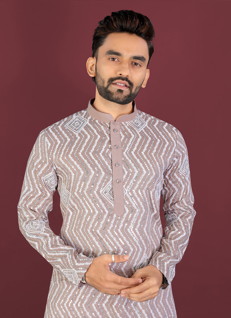 Prazu Fashion Beige Soft Silk Unique Cross Pattern White Thread Embroidery With Silver Sequence Kurta | Grocsy