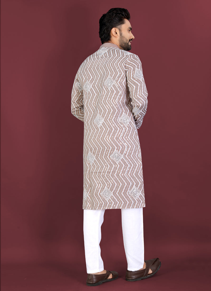 Prazu Fashion Beige Soft Silk Unique Cross Pattern White Thread Embroidery With Silver Sequence Kurta | Grocsy