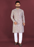 Prazu Fashion Beige Soft Silk Unique Cross Pattern White Thread Embroidery With Silver Sequence Kurta | Grocsy