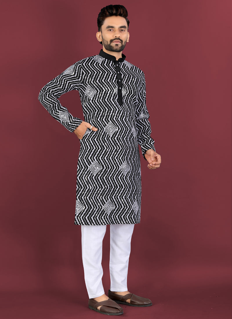 Prazu Fashion Black Soft Silk Unique Cross Pattern White Thread Embroidery With Silver Sequence Kurta | Grocsy