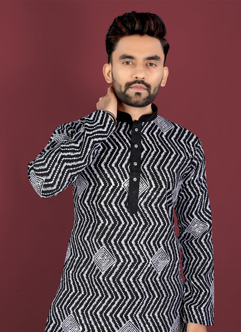 Prazu Fashion Black Soft Silk Unique Cross Pattern White Thread Embroidery With Silver Sequence Kurta | Grocsy