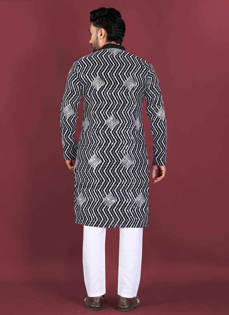 Prazu Fashion Black Soft Silk Unique Cross Pattern White Thread Embroidery With Silver Sequence Kurta | Grocsy