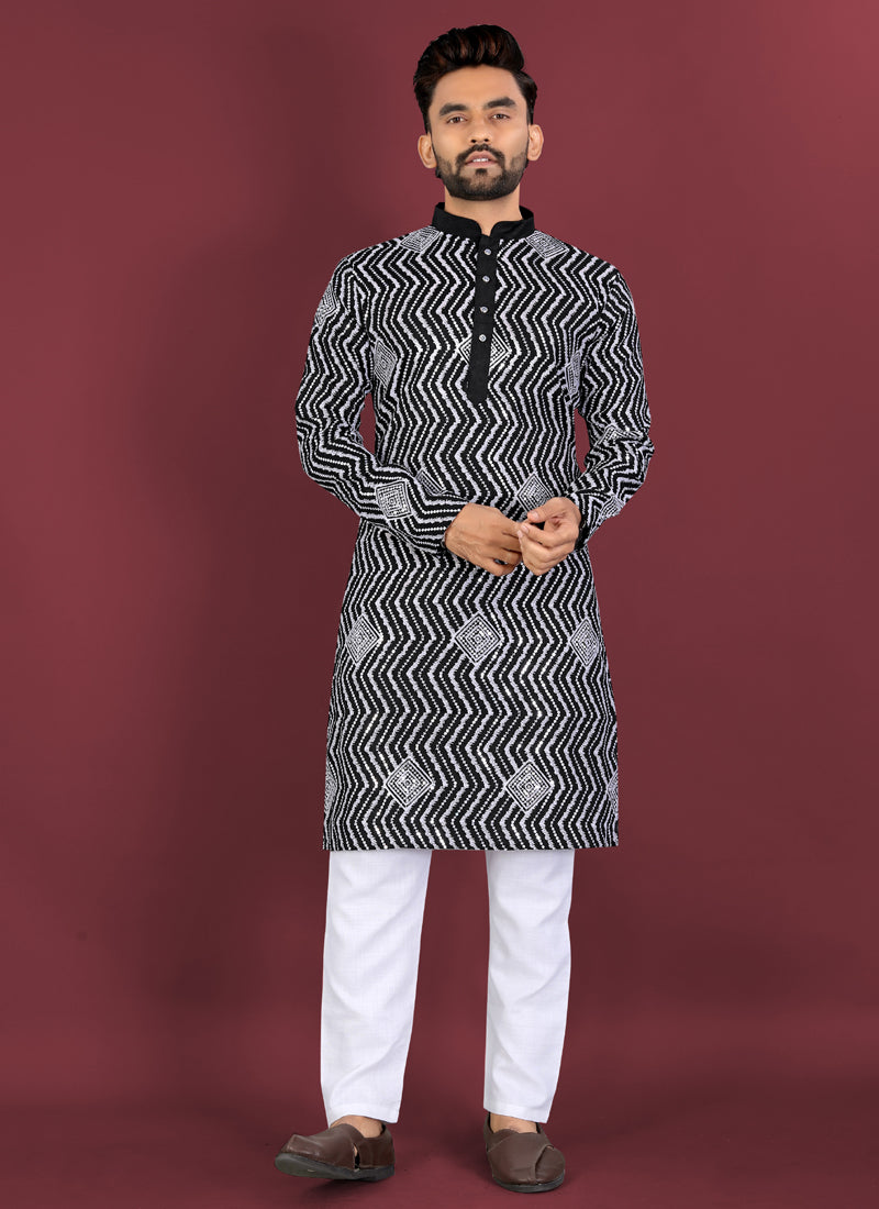 Prazu Fashion Black Soft Silk Unique Cross Pattern White Thread Embroidery With Silver Sequence Kurta | Grocsy