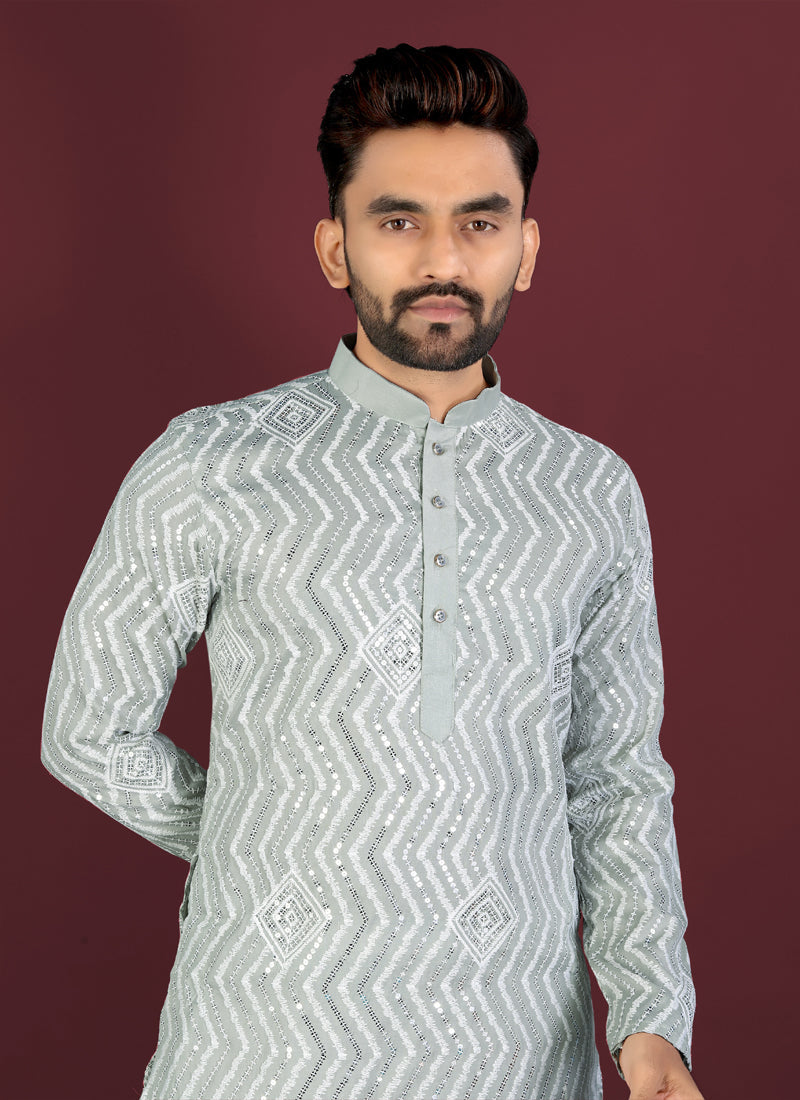Prazu Fashion Grey Soft Silk Unique Cross Pattern White Thread Embroidery With Silver Sequence Kurta | Grocsy