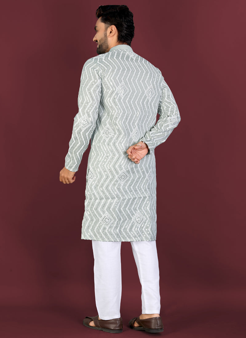 Prazu Fashion Grey Soft Silk Unique Cross Pattern White Thread Embroidery With Silver Sequence Kurta | Grocsy