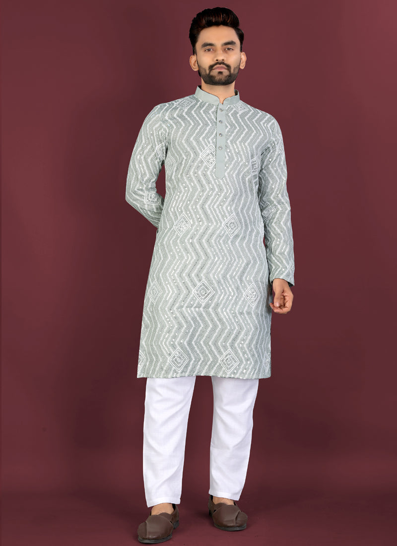 Prazu Fashion Grey Soft Silk Unique Cross Pattern White Thread Embroidery With Silver Sequence Kurta | Grocsy