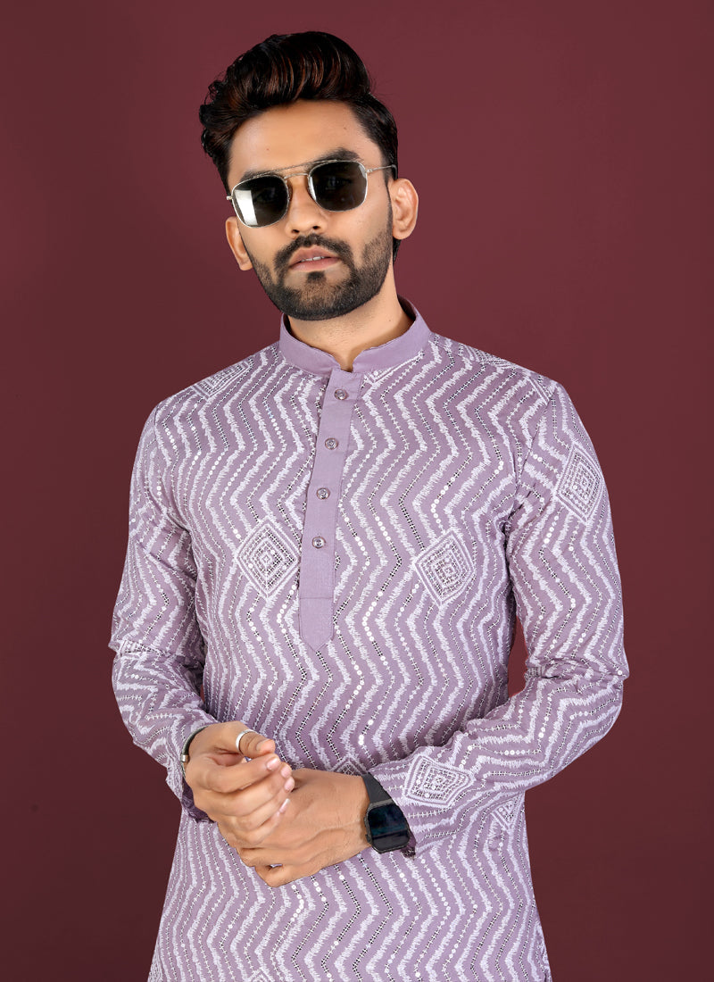 Prazu Fashion Lavender Soft Silk Unique Cross Pattern White Thread Embroidery With Silver Sequence Kurta | Grocsy