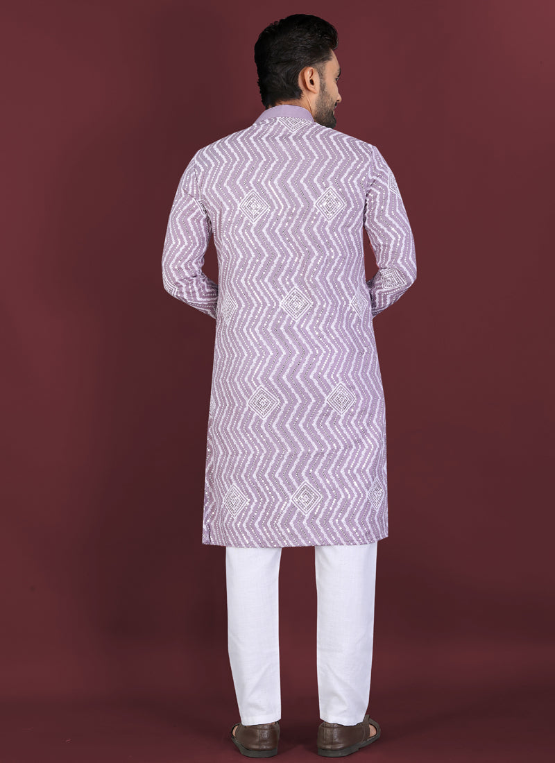 Prazu Fashion Lavender Soft Silk Unique Cross Pattern White Thread Embroidery With Silver Sequence Kurta | Grocsy