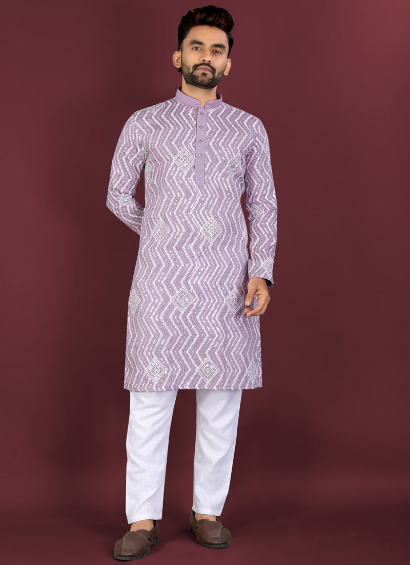 Prazu Fashion Lavender Soft Silk Unique Cross Pattern White Thread Embroidery With Silver Sequence Kurta | Grocsy