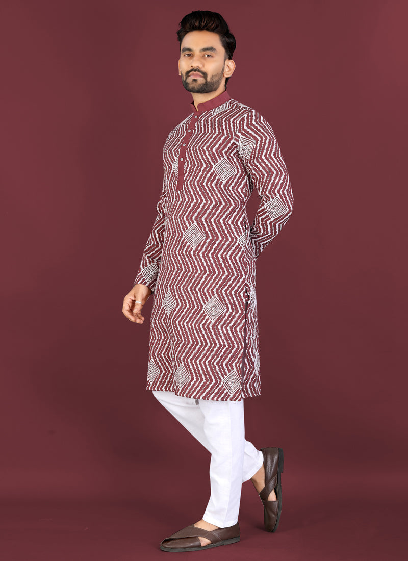 Prazu Fashion Maroon Soft Silk Unique Cross Pattern White Thread Embroidery With Silver Sequence Kurta | Grocsy