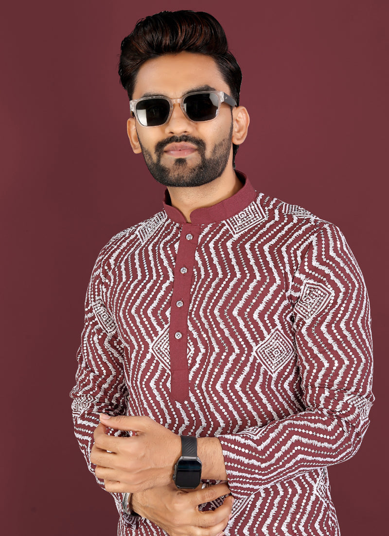 Prazu Fashion Maroon Soft Silk Unique Cross Pattern White Thread Embroidery With Silver Sequence Kurta | Grocsy