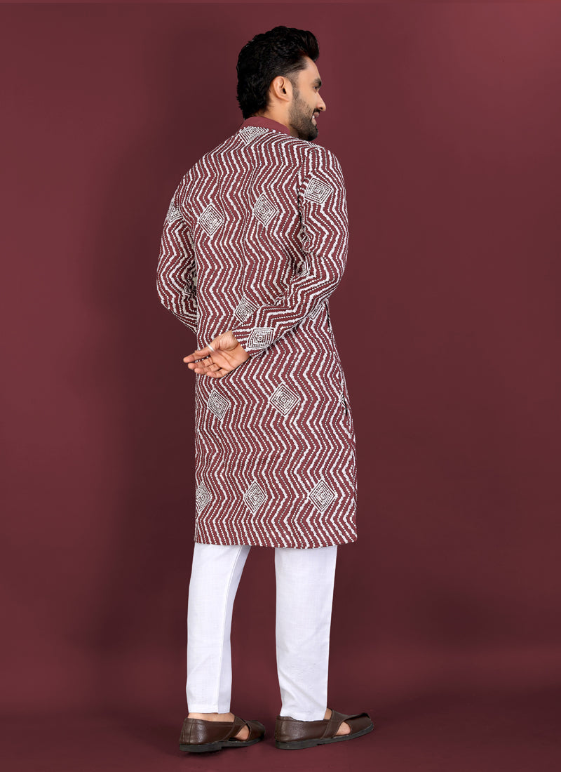 Prazu Fashion Maroon Soft Silk Unique Cross Pattern White Thread Embroidery With Silver Sequence Kurta | Grocsy