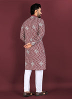 Prazu Fashion Maroon Soft Silk Unique Cross Pattern White Thread Embroidery With Silver Sequence Kurta | Grocsy
