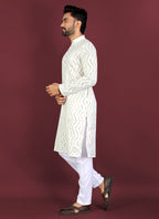 Prazu Fashion Off White Soft Silk Unique Cross Pattern White Thread Embroidery With Silver Sequence Kurta | Grocsy