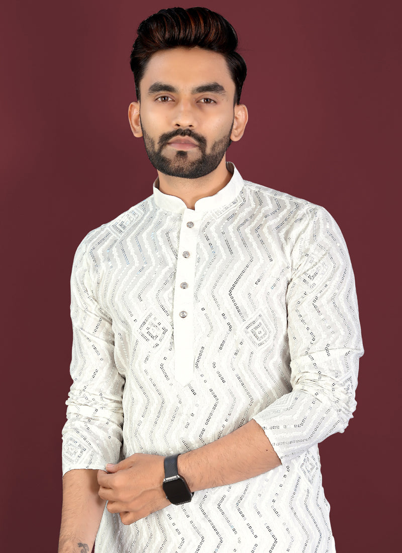 Prazu Fashion Off White Soft Silk Unique Cross Pattern White Thread Embroidery With Silver Sequence Kurta | Grocsy