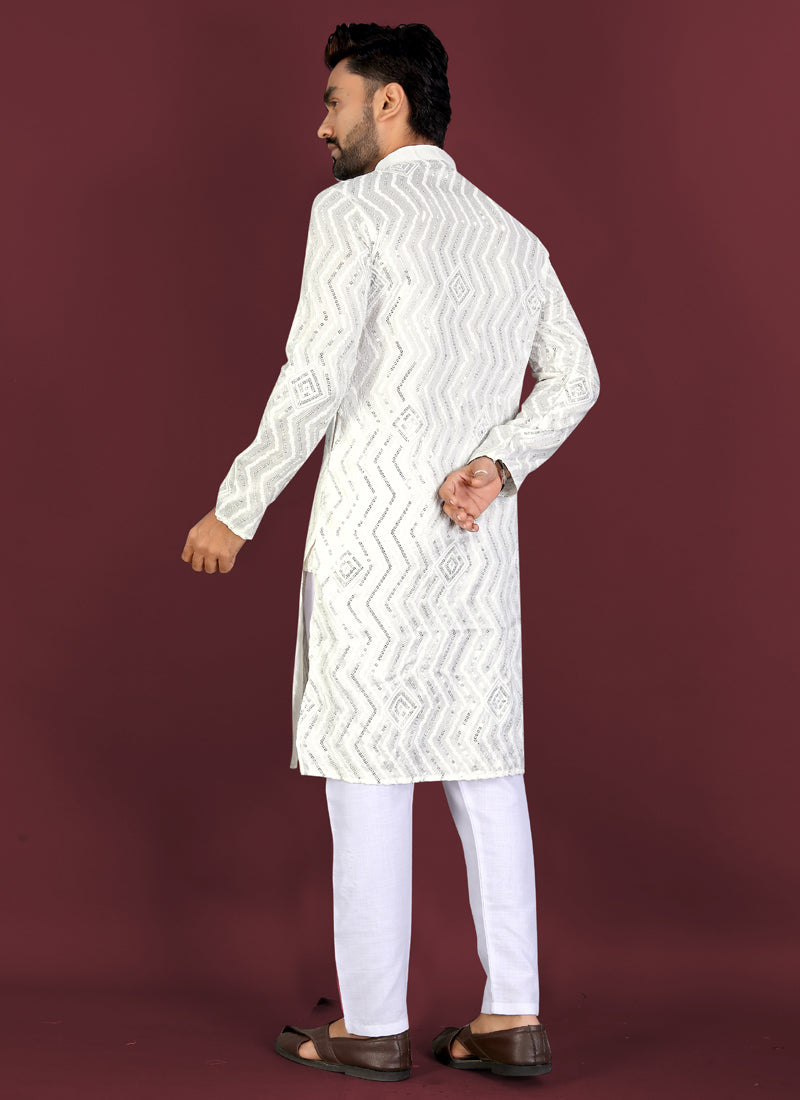 Prazu Fashion Off White Soft Silk Unique Cross Pattern White Thread Embroidery With Silver Sequence Kurta | Grocsy