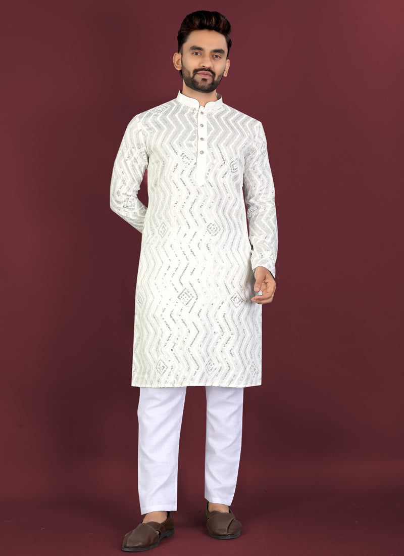 Prazu Fashion Off White Soft Silk Unique Cross Pattern White Thread Embroidery With Silver Sequence Kurta | Grocsy